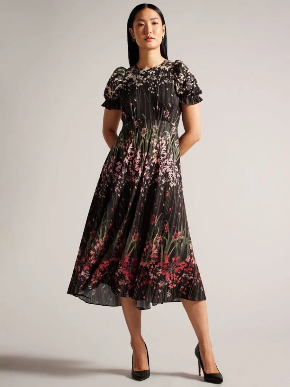 Zahrria Floral Print High Low Hem Midi Dress